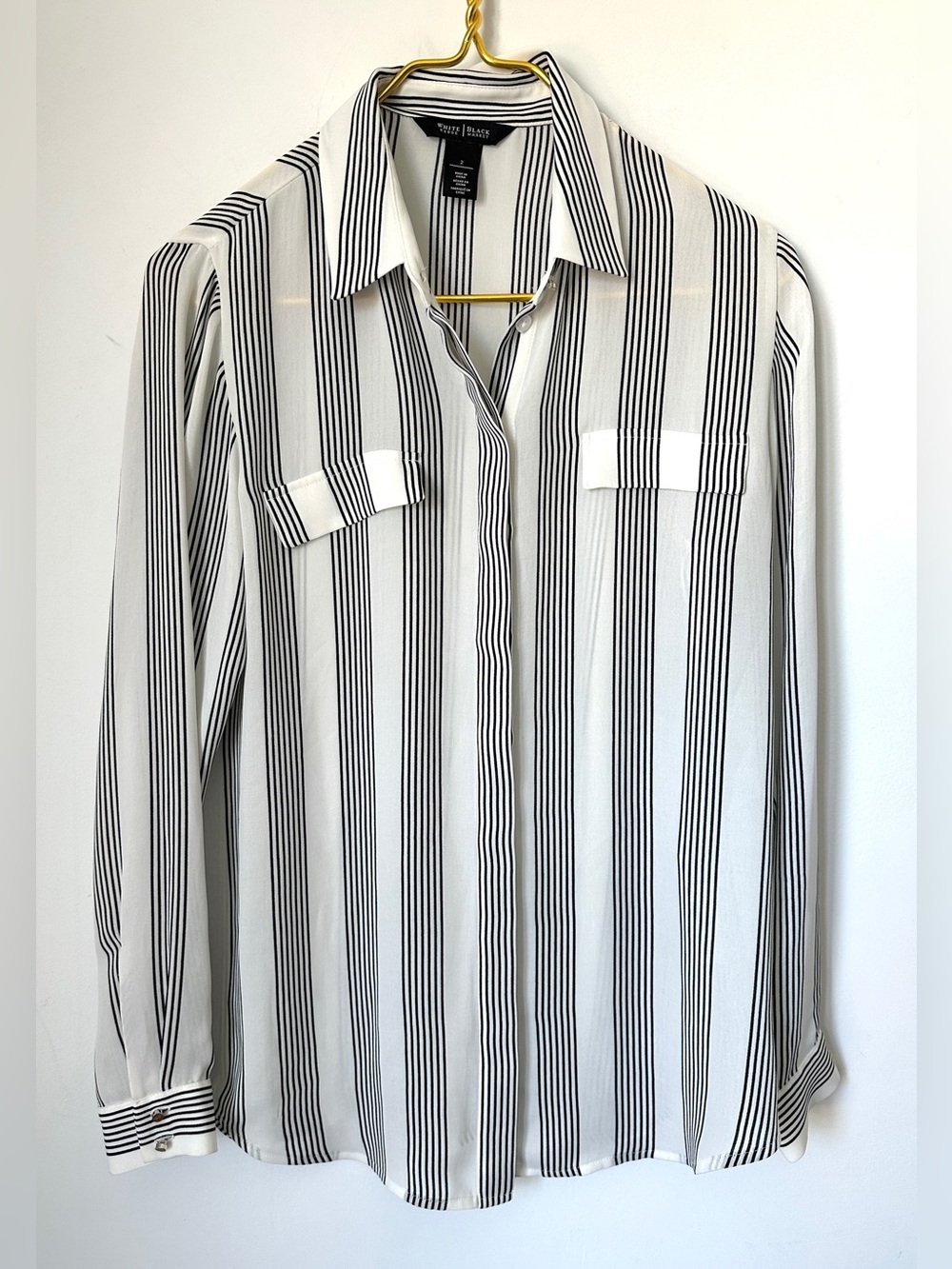 White House Black Market Ivory Black Striped Semi Sheer Button Up Blouse Size 2